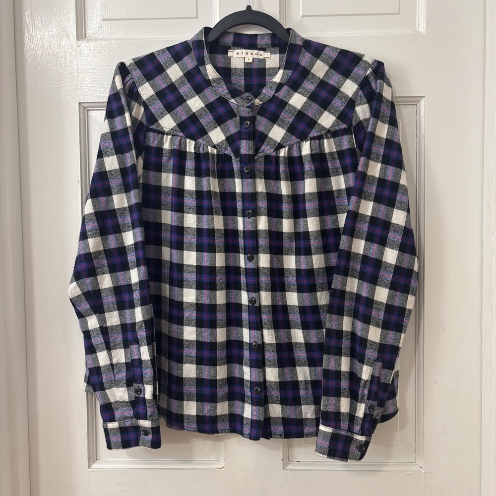 Xirena Jesse Plaid Flannel Gathered Yoke Shirt S Cotton Boho Western Cabincore - Picture 1 of 10